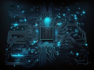 Circuit board background with a glowing blue color. Represents technology, innovation, and electronic engineering.