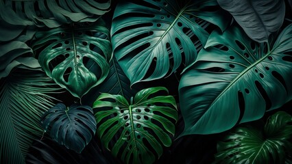 Dark green tropical leaves including monstera, palm, fern, coconut leaf, palm leaf, and banana leaf on a green background, symbolizing the beauty and serenity of nature.