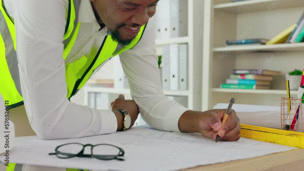 Poster Black man, engineer and architect planning blueprint in office or floor plan on desk. Happy engineering contractor person working on architecture for building and construction project idea with a pen