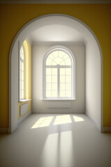 Fototapeta premium white and yellow room illuminated with natural light from a large window, no person, no furniture, background, white and yellow walls and white floor created with Generative AI technology