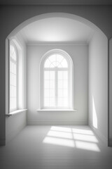 white room illuminated with natural light from a large window, no person, no furniture, background, white walls and floor created with Generative AI technology