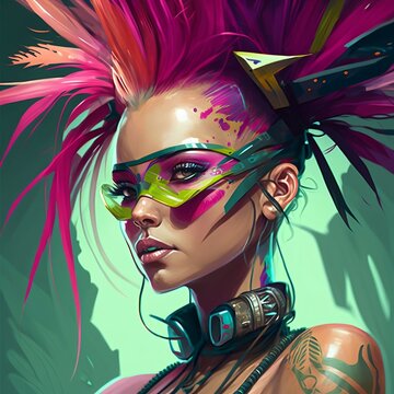 Image of a Futuristic Punk Woman with a Wild Colorful Hairdo Wearing Sunglasses and Necklaces Generative AI