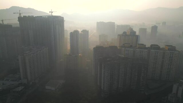 Kashimira Mira road thane city top moving bird eye view in early morning mumbai morning mist fog winter sun rays