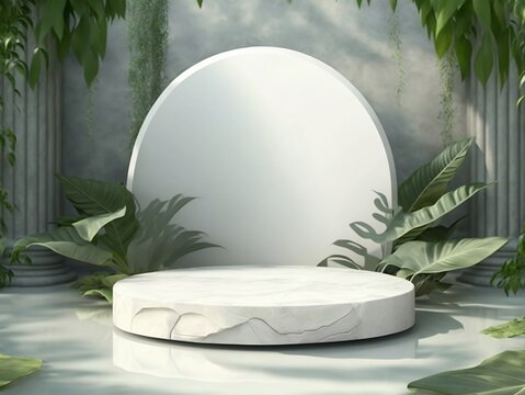 A 3D rendering of a realistic white stone podium with water reflection, displaying cosmetic products on a stand with a background of nature leaves, creating a fresh and natural aesthetic.