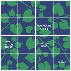 Kava kava herb plants are painted like puzzles inside squares in simple drawing patterns. It can be used for covers, packages, cards, etc. - obrazy, fototapety, plakaty