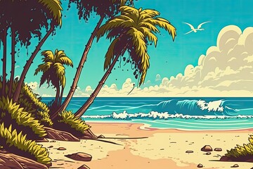 Lovely beach. Expansive vista of palm trees and a beautiful tropical beach. Vacation and holiday planning ideas. A warm and sunny tropical beach. Generative AI