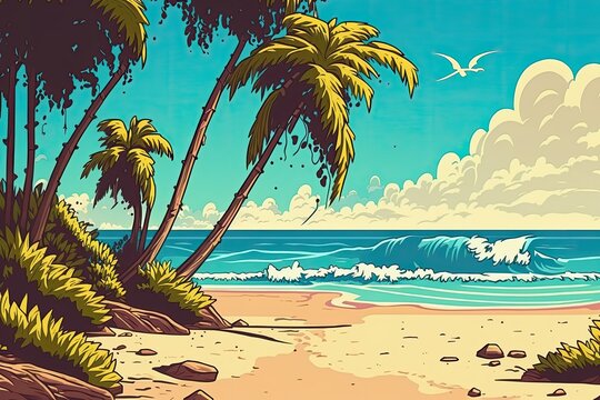 Lovely beach. Expansive vista of palm trees and a beautiful tropical beach. Vacation and holiday planning ideas. A warm and sunny tropical beach. Generative AI