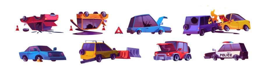 Car crash cartoon scene set. Vehicle accident, riots and disturbances icon. Insurance for damage auto and collision crush collection. Police automobile clipart illustration. Smash and fire incident.