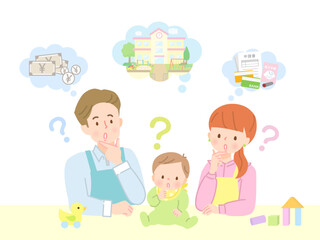 保育園の申請書について疑問を持つ赤ちゃんと家族
