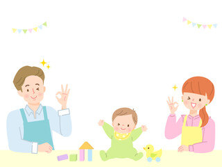 Obraz premium 元気に遊ぶ赤ちゃん見守るパパとママのイラスト素材