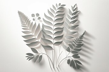 Shadowed natural leaves on a white background serve as a podium for displaying products. Generative AI