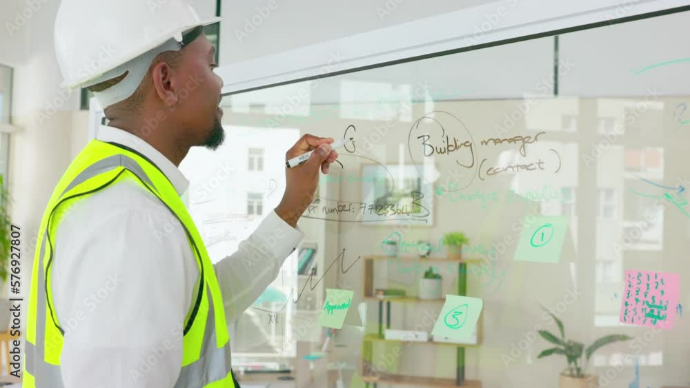 Poster Black man, engineer and architect planning project on board in office writing ideas. Happy engineering manager person working on building notes for architecture and construction development plan