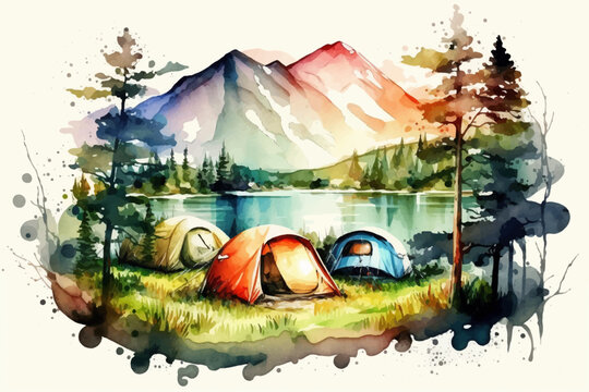 Camping landscape with mountains background. Watercolor vector illustration
