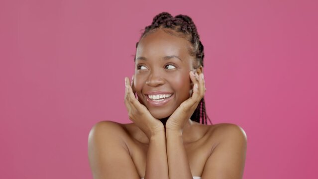 Model hands, tongue or beauty on isolated pink background for comic skincare glow, self love or silly comedy. Smile, happy or black woman with funny face, natural makeup cosmetics or goofy expression