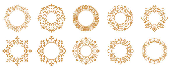 Set of decorative frames Elegant vector element for design in Eastern style, place for text. Floral gold and white borders. Lace illustration for invitations and greeting cards