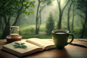 enjoy coffee and read or write a book with green nature view, generative ai