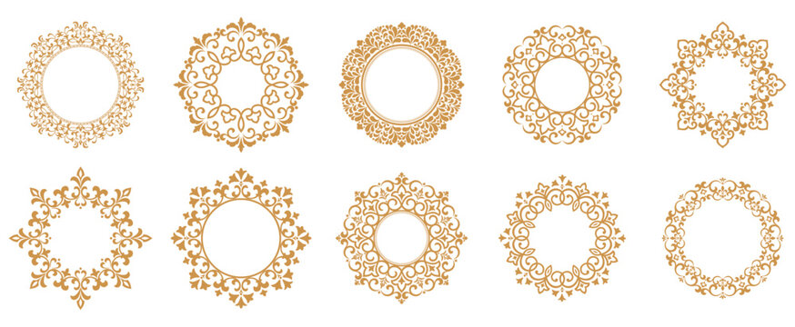 Set of decorative frames Elegant vector element for design in Eastern style, place for text. Floral gold and white borders. Lace illustration for invitations and greeting cards