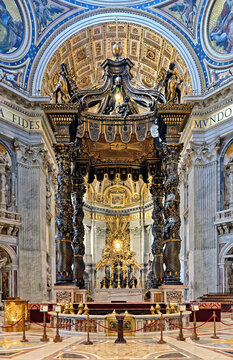 Vatican City, Rome - August 15, 2016: St. Peter's baldachin, Bernini baldachin above the papal altar of St. Peter's Basilica, Vatican City, Rome. HDR image