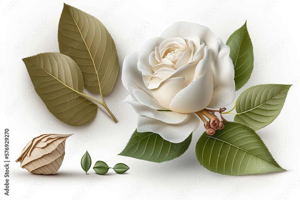 Poster White backdrop with a single white rose blossom, its leaf, its bud, and its petals isolated on white. Tender wjite rose bud and leaf on a white background. Specifically, a tea rose. Roses with a sweet