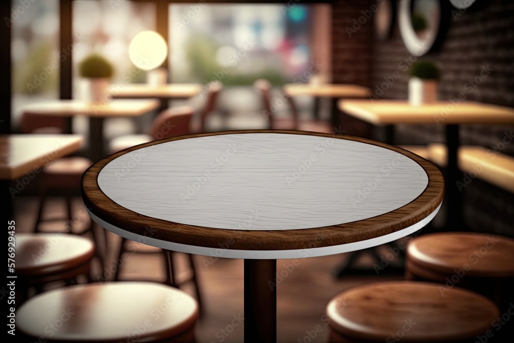 Poster the round tables in this cozy, upscale cafe all feature mahogany wood tops. bokeh effect background 