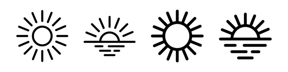 Set of sun line icons. Sunset or sunrise icons. Vector isolated on white background.
