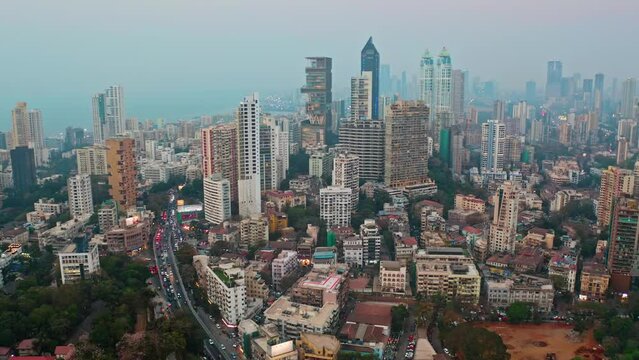 Mumbai skyline aerial drone view Mahalaxmi area, India, Maharashtra, 4k cinematic