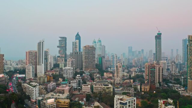 Mumbai skyline aerial drone view Mahalaxmi area, India, Maharashtra, 4k cinematic