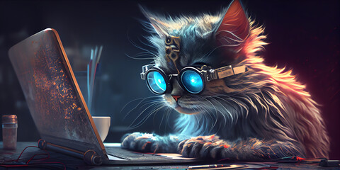 cat hacker works on a laptop. Generative AI