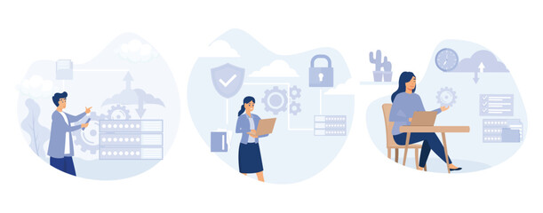 Database security concept, Cloud storage, secure file sharing, automatic backup, file hosting, data recovery and synchronization, external drive,  set flat vector modern illustration