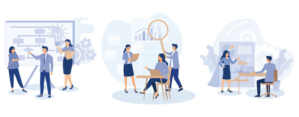New startup project, Group of diverse people discuss business idea, brainstorming, market research, analyze competitors, create a trademark, set flat vector modern illustration