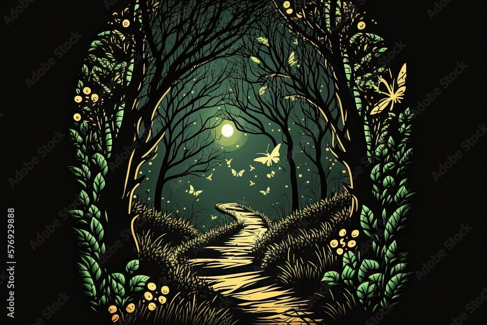 Poster firefly lit path through the forest. generative ai