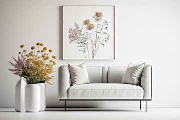 Beautiful and plush sofa, with a marble end table and a bouquet of dried flowers. Décorations for the interior. The minimalist aesthetic is a popular choice for today's home interior designers