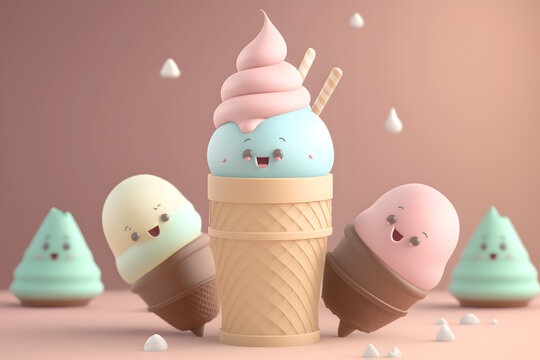 Tiny cute isometric design delicious ice cream emoji 3d render made with Generative AI