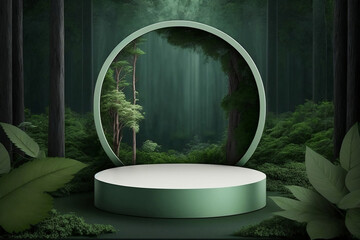 Fototapeta premium Green Leaves Decorated 3D Podium Set for Product Showcase. Generative AI