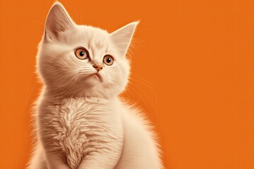 British cream colored boy kitten sporting a wise expression, posing in many amusing settings against an orange backdrop. Generative AI