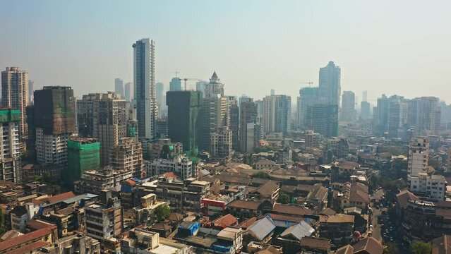 Mumbai business skyline aerial drone view, India, Maharashtra, 4k cinematic