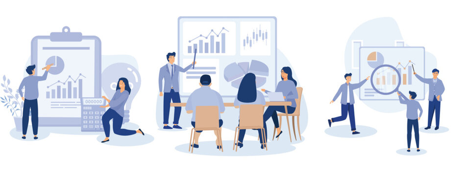 Master of Science in finance, Group of diverse people making business plan together, budget planning, study investment banking, management, set flat vector modern illustration
