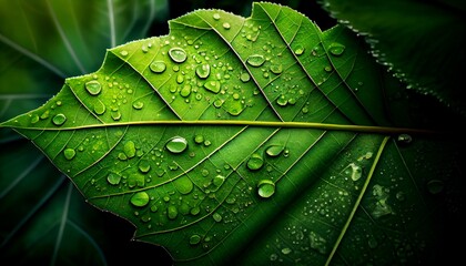Fototapeta premium A close up of a green leaf with water droplets on it. Green leaf background. Generative AI, Generative, AI