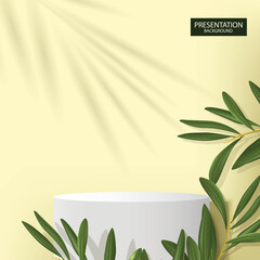 vector illustration realistic white color cylinder podium with leaves design template.yellow color wall behind it.use for cosmetic and presentation background