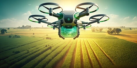 Drones flying over farm fields in the future to automate farming in agriculture. Generative Ai.