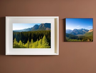 Landscape picture in a frame on the wall, Landscape in the mountains, Generative AI