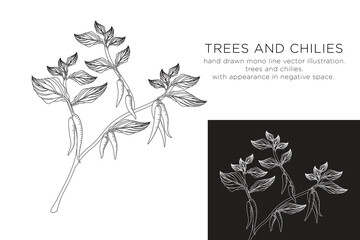 hand drawn mono line vector illustration.
trees and chilies.
with appearance in negative space.