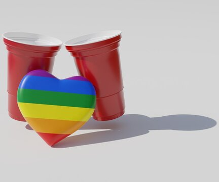 heart shape in rainbow pride color with red cup after party 3d rendering