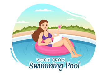 Freelance Workers From Swimming Pool Illustration with Relaxing, Drink Cocktails and Using Laptop in Cartoon Hand Drawn for Landing Page Templates