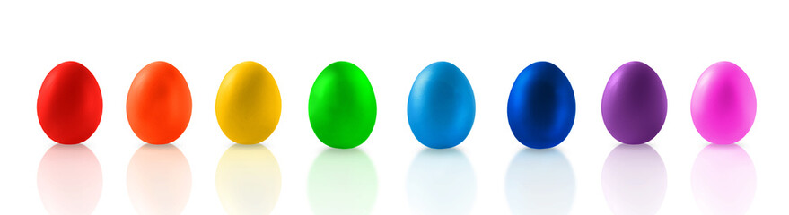 Eight multicolored chicken eggs isolated on a white background. Easter, family traditions on holiday.