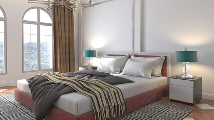 Bedroom interior. Bed and relax. 3d illustration