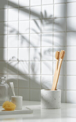 Various objects on a white tile background with warm sunlight shining through
