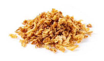 Fried onions on white background.