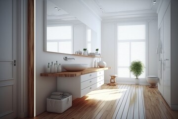 White walls, a wood floor, a white sink on a wooden countertop, and a narrow mirror over the sink characterize the interior of a contemporary bathroom. Generative AI
