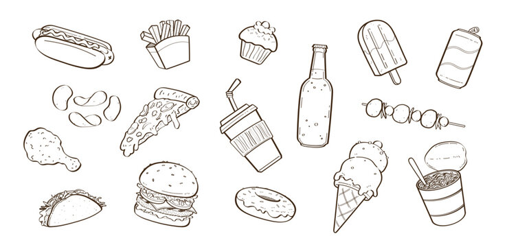 Set de ilustraciones dibujadas a mano de comida rápida. Vector